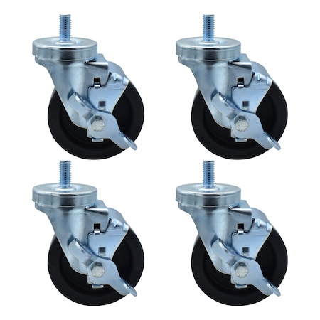 Bk Resources 4-inch Threaded Stem Casters, Polyolefin Wheels, Brake, 300lb Capacity, Chemical Resistant, 4PK 4SBR-4ST-LDP-PS4